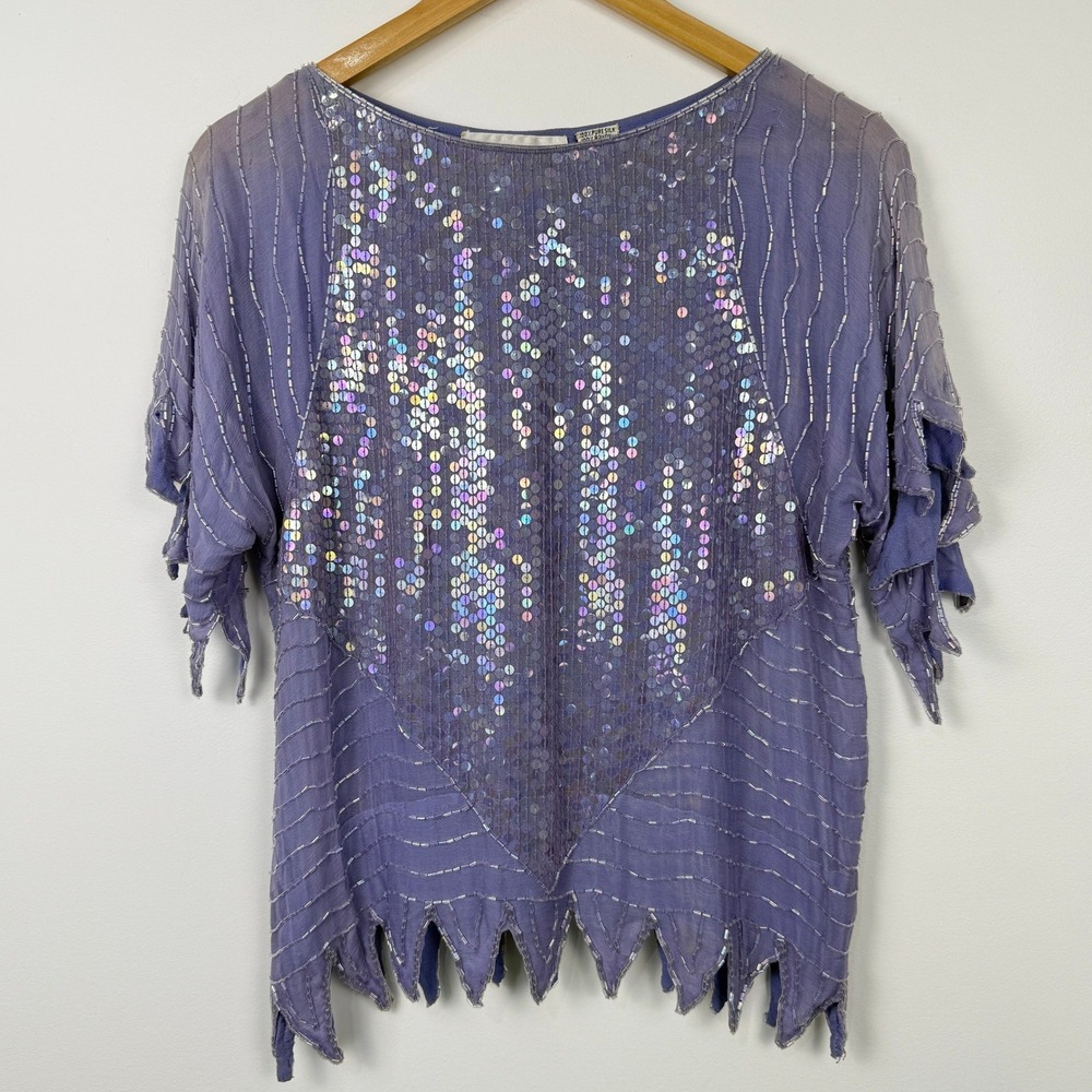 Vintage Dominique Sequin Beaded Silk Top Women Small Purple Fairy Grunge Whimsy